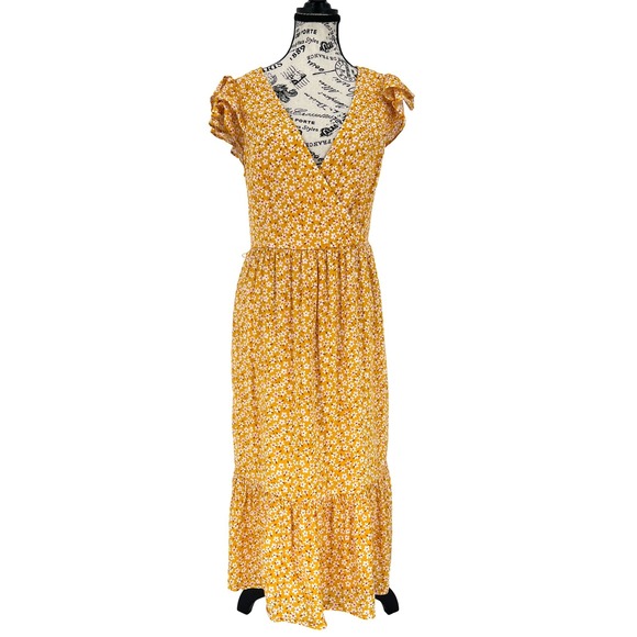 Old Navy Yellow Floral Tiered Maxi Dress Medium Boho Cottagecore Feminine EUC - Picture 2 of 10